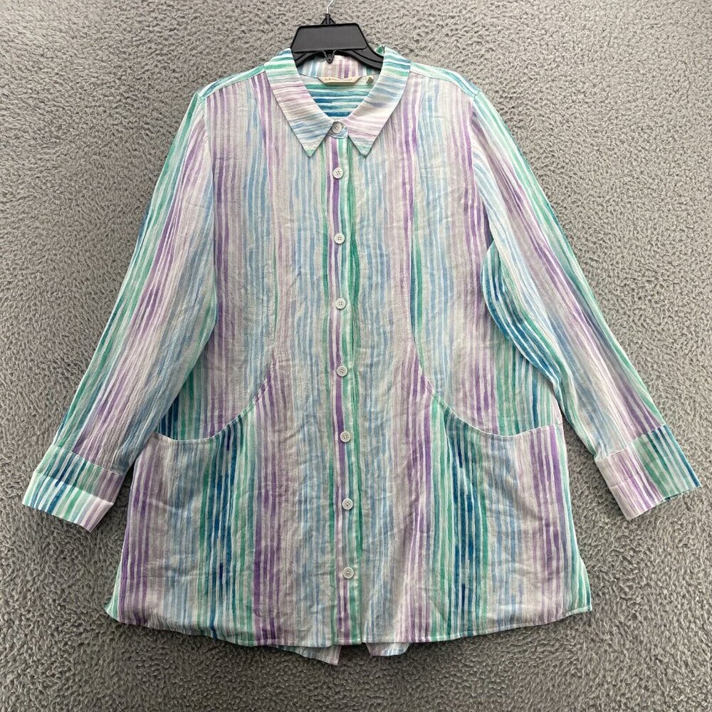Soft Surroundings Senna Pastel Stripes Gauze Button‎ Down Shirt Tunic Pockets XL